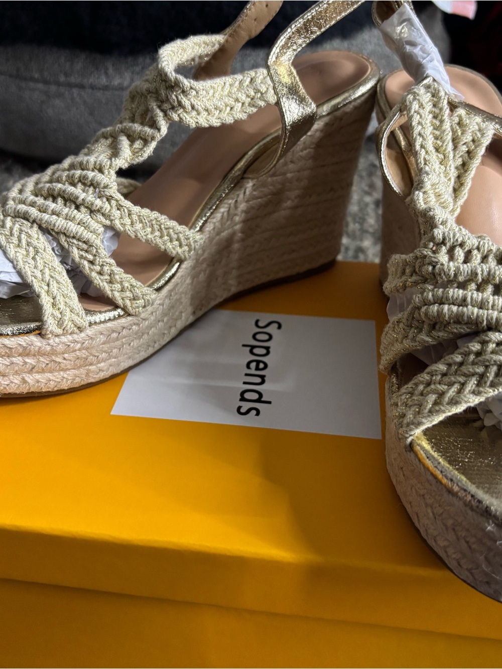 Beige Braided Espadrille Wedge Sandals with Gold Accent Strap